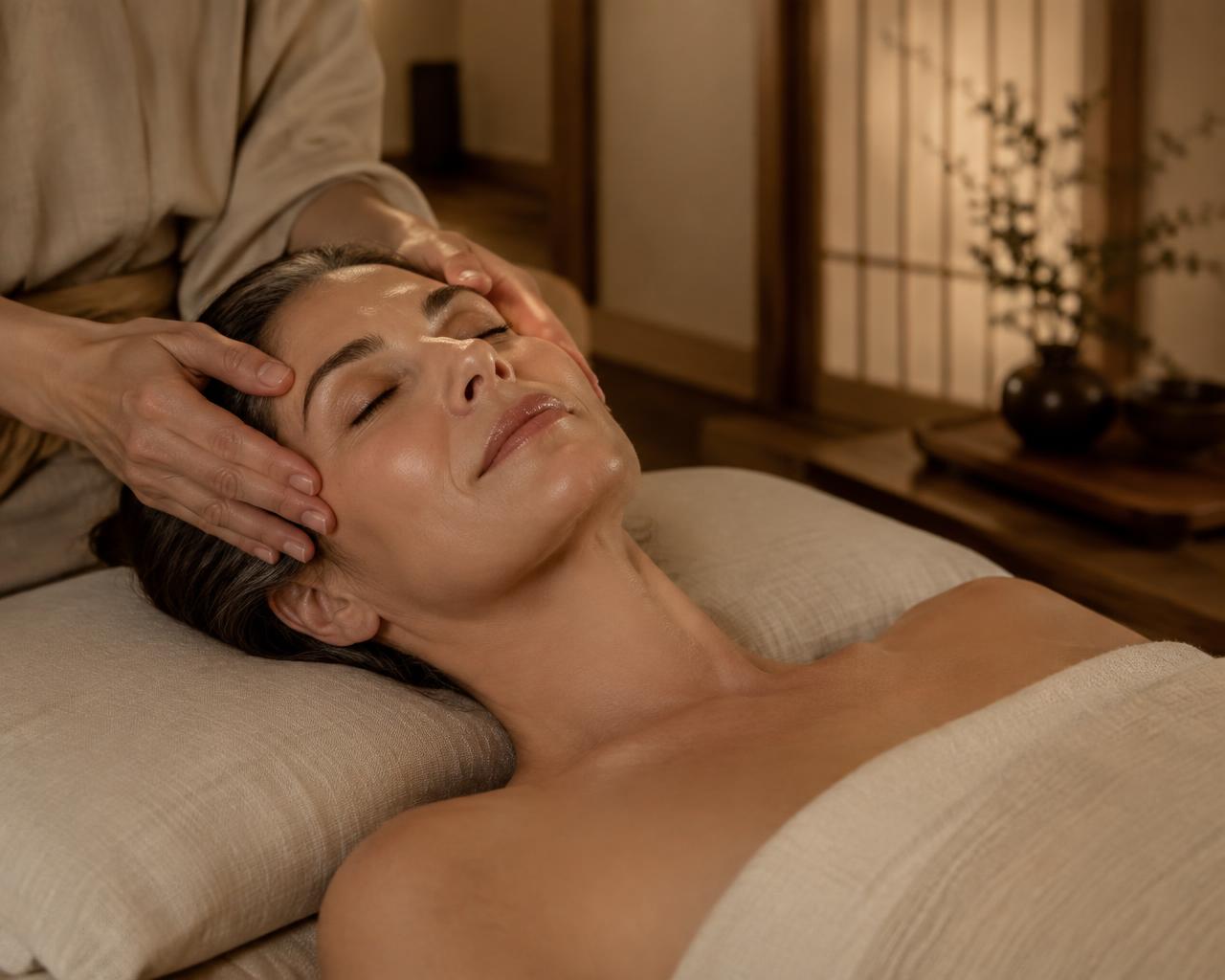 Femme recevant un massage facial japonais